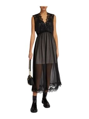 Allsaints Sara Black Lace V-Neck Sheer Midi Dress Sz. 2